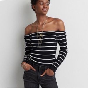 American Eagle off the shoulder black and white striped sweater